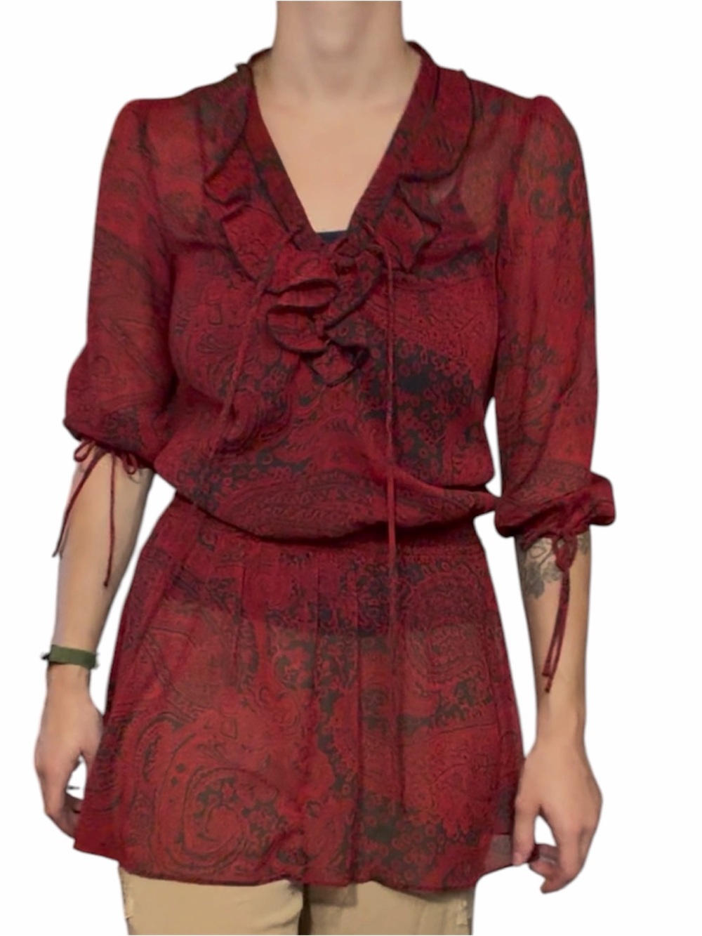 Guess Red Paisley Ruffled V-Neck Tunic